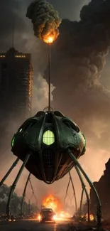 Epic alien craft invading a burning cityscape with dramatic skies.