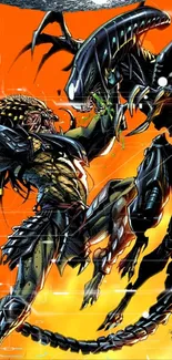 Intense Alien vs Predator battle artwork with vivid orange background.