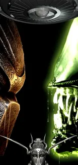 Alien vs Predator dramatic mobile phone wallpaper with vivid green highlights.