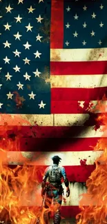 Soldier in front of flaming American flag wallpaper.