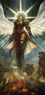 Epic angelic warrior with radiant wings in a dramatic battle scene.