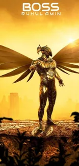 Golden winged angel over a city skyline wallpaper.