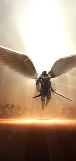 Epic scene of angel with sword and wings in glowing light.