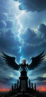 Epic dark angel in stormy sky with lightning.