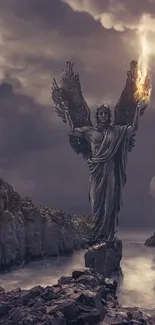 Epic angel statue with fiery sword on rocky terrain under a cloudy sky.