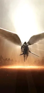 Epic angel warrior with wings and sword in a dramatic scene.