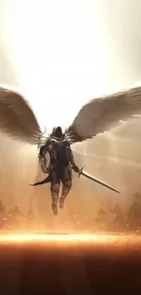 Epic angel warrior with sword and wings in a dramatic golden sky.