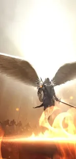 Epic angel warrior with sword and wings against fiery background.