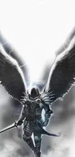 Mobile wallpaper of a powerful angel warrior with large wings and a sword in a storm.