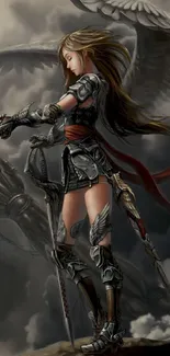 Epic angel warrior with wings and armor in stormy scene.