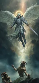 Angelic warrior descends with sword in epic fantasy scene.