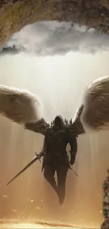 Epic angel warrior with wings in radiant light.