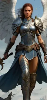 Epic warrior angel in armor with wings.