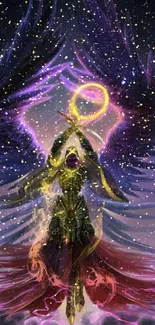 Epic angel with glowing orb in cosmic setting.