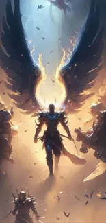 Winged angel in epic battle artwork with dynamic lighting and fiery effects.