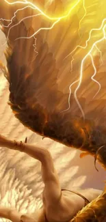 Epic angelic figure with lightning strikes in golden hues, enhancing dynamic visuals.