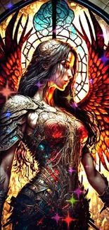 Epic angelic warrior with fiery wings in stained-glass setting.