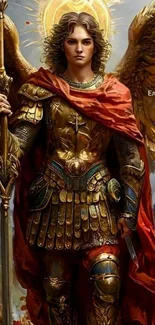 Epic angelic warrior with golden armor and grand wings.
