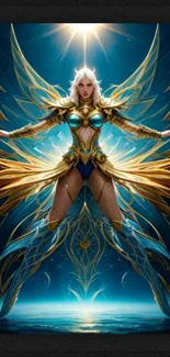 Angelic fantasy warrior with golden armor and radiant wings against a cosmic backdrop.