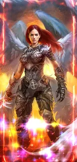 Epic angelic warrior with fiery backdrop.