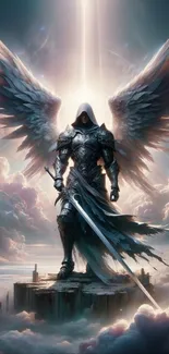 Angelic warrior with wings on a fantasy background.