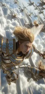 Angelic warriors soaring through clouds with swords drawn.