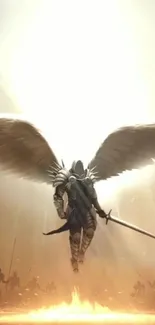 Epic angelic warrior with wings spread enveloped in light.