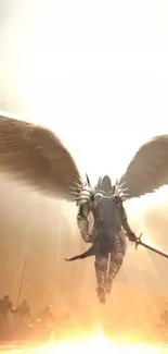 Epic angelic warrior with wings and sword, radiant in golden light.