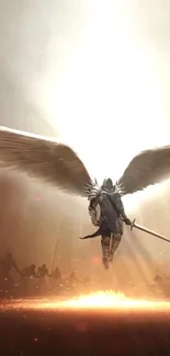 Angelic warrior descends with sword in epic fantasy scene.