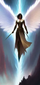 Epic angelic warrior with majestic white wings against a celestial background.