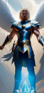 Epic angelic warrior with glowing wings in a celestial fantasy setting.