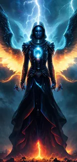 Epic wallpaper of an angelic warrior with glowing wings and lightning.