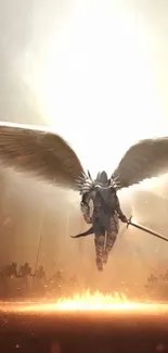 Epic angelic warrior with wings and light-filled background.