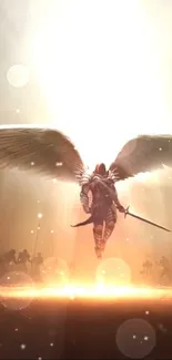 Angelic warrior with wings amidst glowing light.