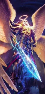 Epic angelic warrior with glowing sword and golden wings.