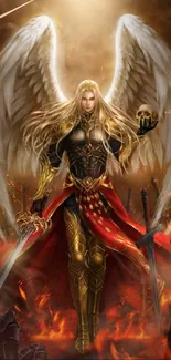 Epic angelic warrior with wings amid flames and swords.