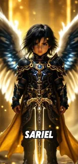 Epic angelic warrior with ornate armor and wings.