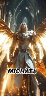 Epic angelic warrior with golden wings.