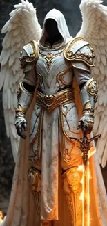 Angelic warrior clad in ornate armor with glowing wings and a flaming sword.