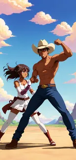 Anime cowboy duo in action with vibrant sky.