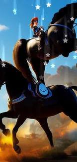 Fantasy animation with a rider on horses in a vibrant landscape.