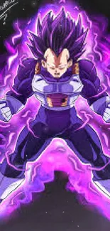 Anime character with purple energy aura in dynamic pose on mobile wallpaper.