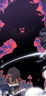 Shadowy anime character with glowing eyes in a dynamic battle scene.