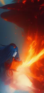 Anime character battles fiery dark entity in dramatic scene.