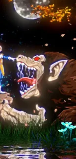 Anime warrior confronts mythical beast under moonlit sky.