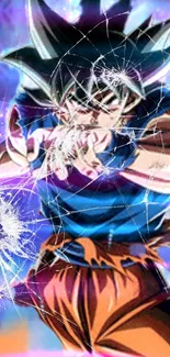 Anime character in battle pose with energy burst effects.