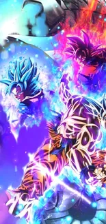 Anime characters in a dynamic battle scene with vibrant blue colors.