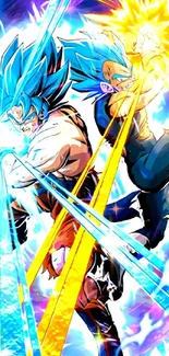 Dynamic anime characters with energy blasts in vivid blue and yellow hues.