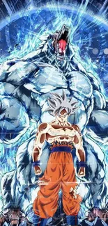 Anime warrior facing a giant beast with vibrant blue energy backdrop.