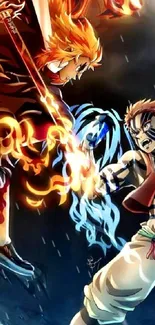 Epic anime characters in fiery battle scene.